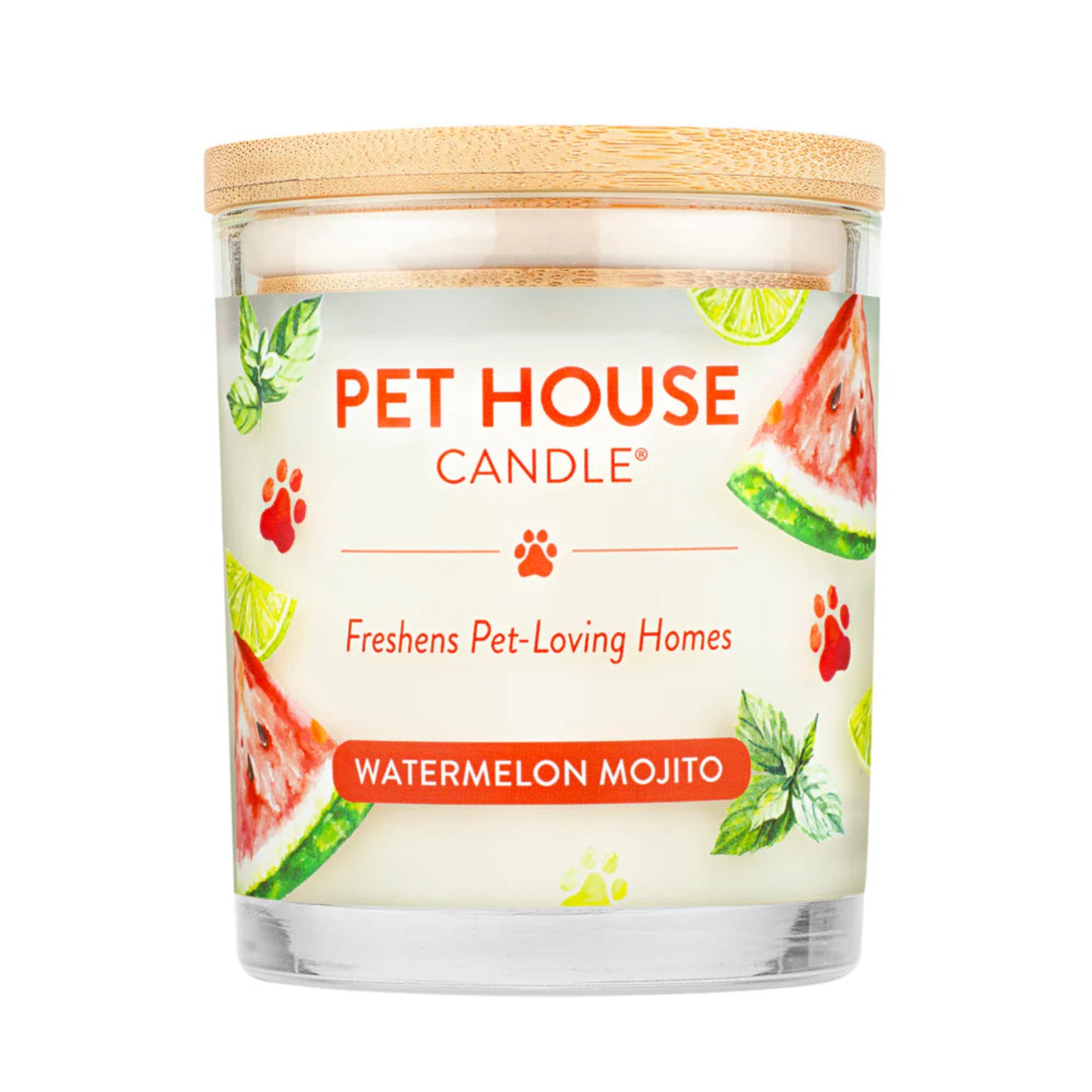 Pet House Candle with watermelon and lime design on a white background