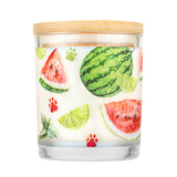 Candle with watermelon and lime design on a white background