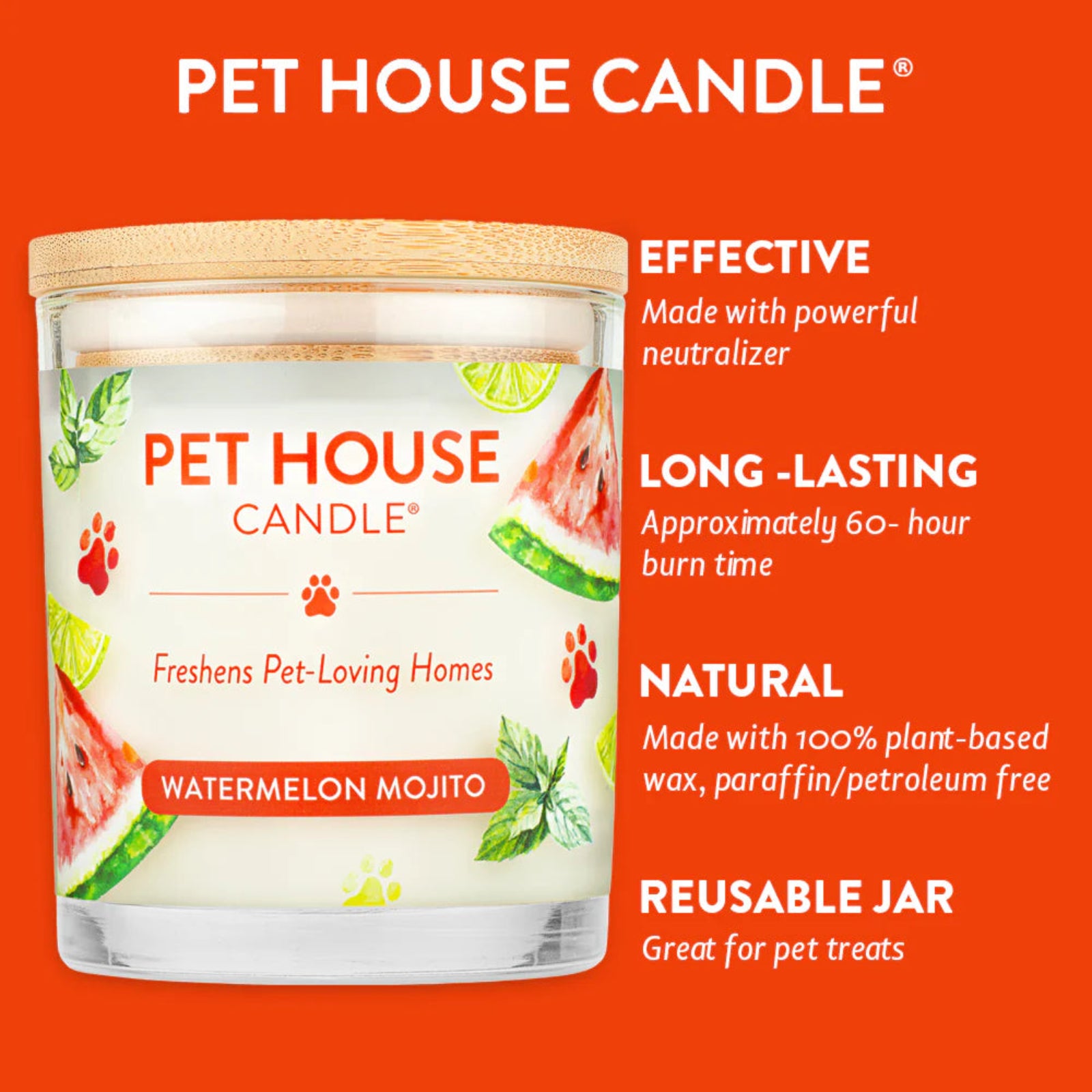 Pet House Candle with watermelon mojito flavor on an orange background