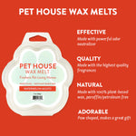 Pet House Wax Melts packaging with product details on a red background