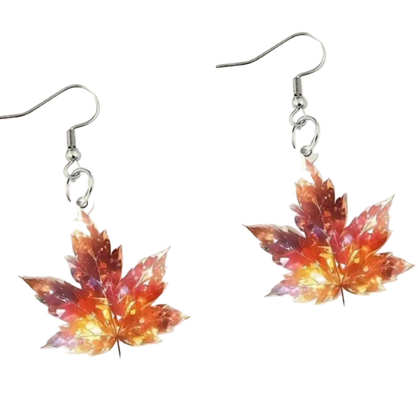 A pair of dangling earrings with silver fishhook wires and leaf-shaped charms in an autumn gradient of orange, red, and yellow on a light cream background.