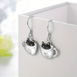 Black Cat in TeaCup Dangle Earrings