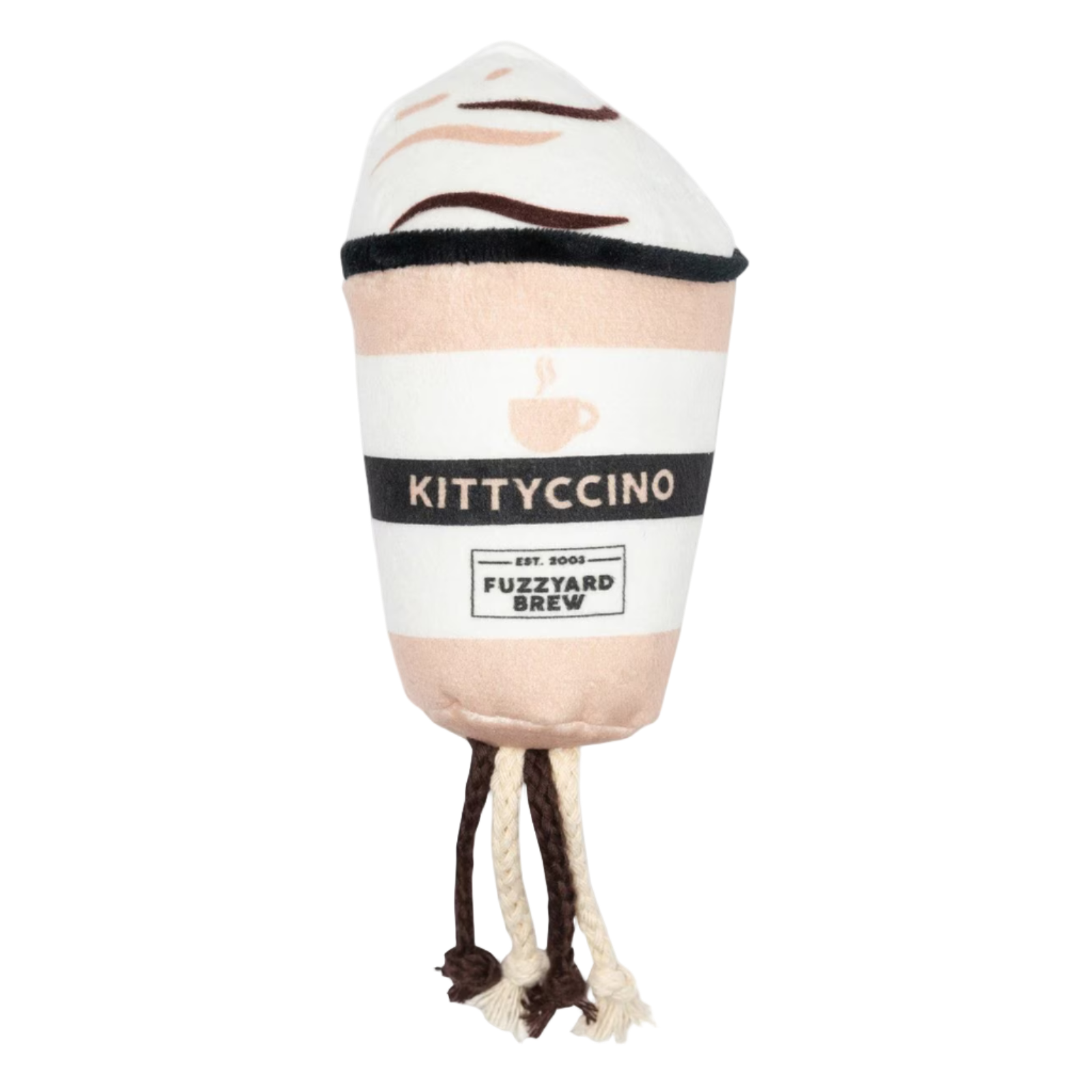 Cat toy shaped like a cup with 'Kittyccino' branding on a white background