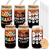 Dog Mom Themed Glass Tumbler with Straw Asst.