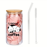 I Need Coffee Cat Glass Tumbler with Straw
