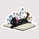 Floral Black Cat with Book Sticker