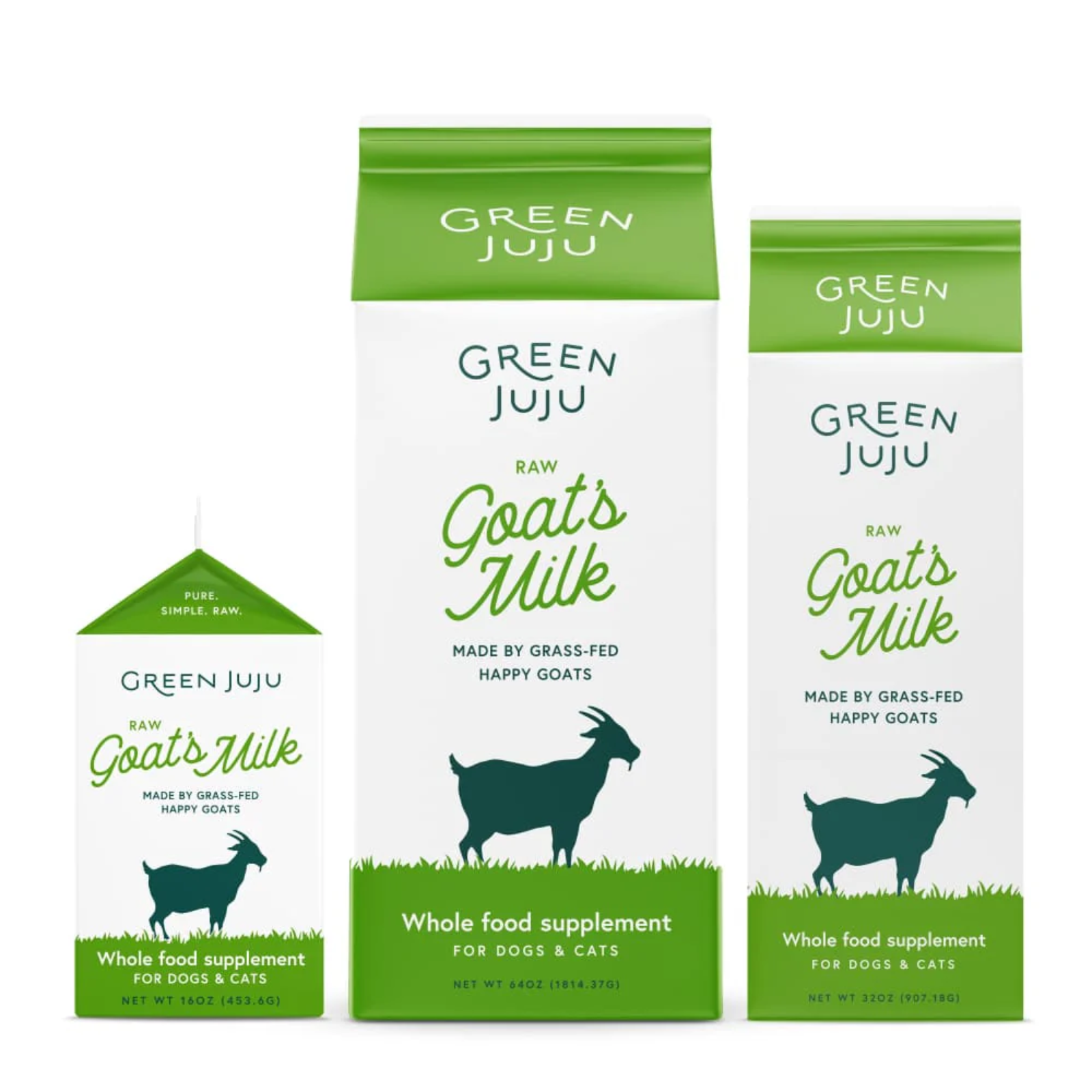 Green Juju raw goat's milk packages on a white background