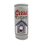 Gray can cooler with 'Grrr Light' text and dog illustration on a white background
