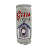 Gray can cooler with 'Grrr Light' text and dog illustration on a white background