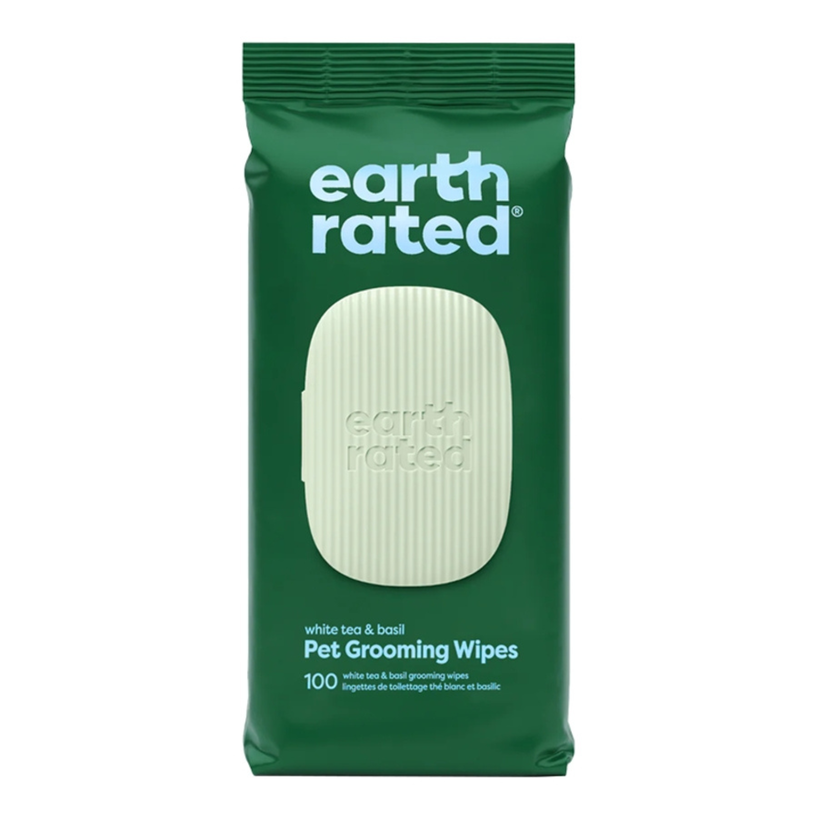Green package of earth rated pet grooming wipes on a white background
