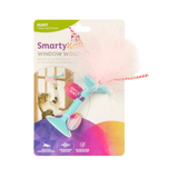 Smartypet Window Whisker cat toy in its original retail packaging, featuring a light blue plastic whisker, pink feather, and red-and-white striped wand.