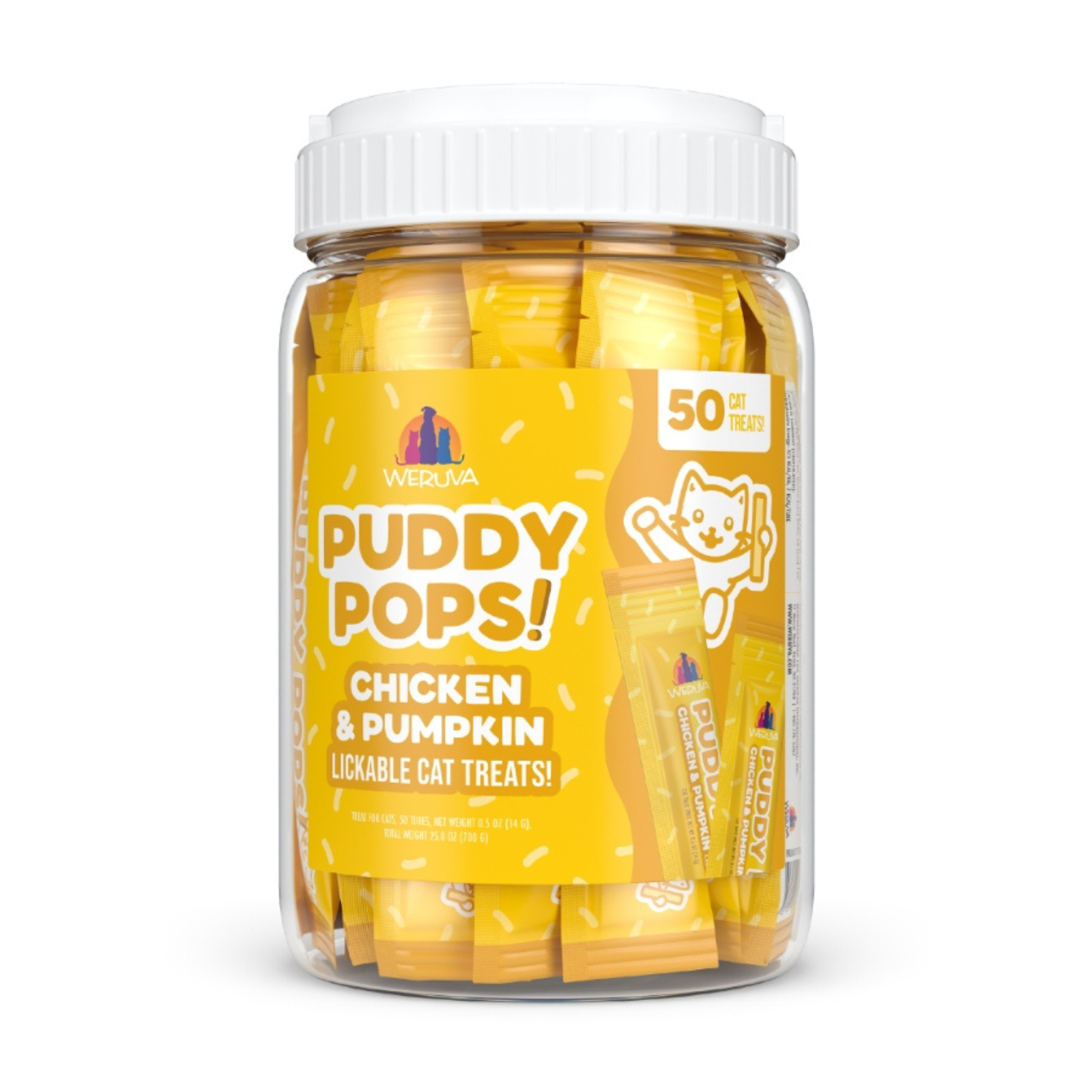 A clear plastic jar of WERUVA Puddy Pops! Chicken & Pumpkin lickable cat treats, filled with yellow individually wrapped treats and topped with a white screw cap, shown on a white background.