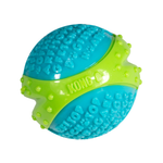 A KONG ball dog toy in bright blue and lime green, featuring textured rubber surfaces and raised lettering, shown on a plain white background.