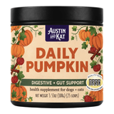 Austin and Kat Daily Pumpkin health supplement for dogs and cats in a black plastic jar with a beige label decorated with pumpkins, raspberries, and cinnamon sticks.