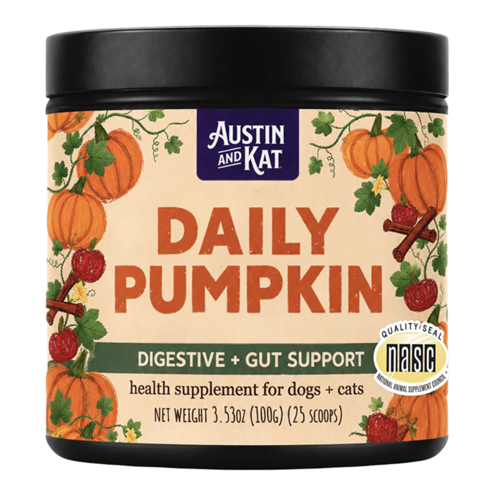 Austin and Kat Daily Pumpkin health supplement for dogs and cats in a black plastic jar with a beige label decorated with pumpkins, raspberries, and cinnamon sticks.