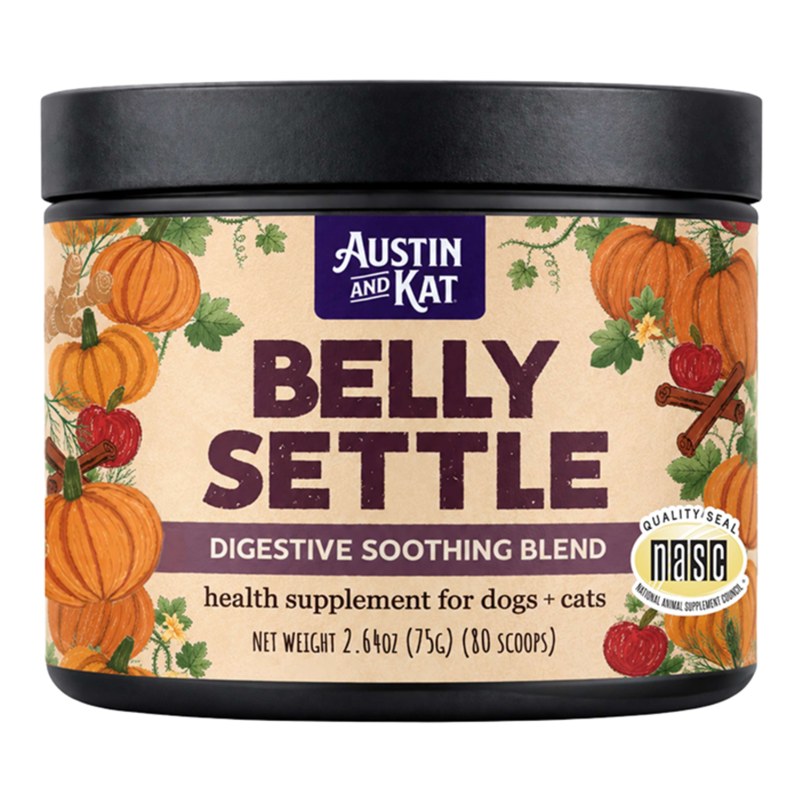 Austin and Kat Belly Settle Digestive Soothing Blend health supplement jar for dogs and cats, featuring a black lid and a beige label decorated with pumpkins, strawberries, and green leaves.