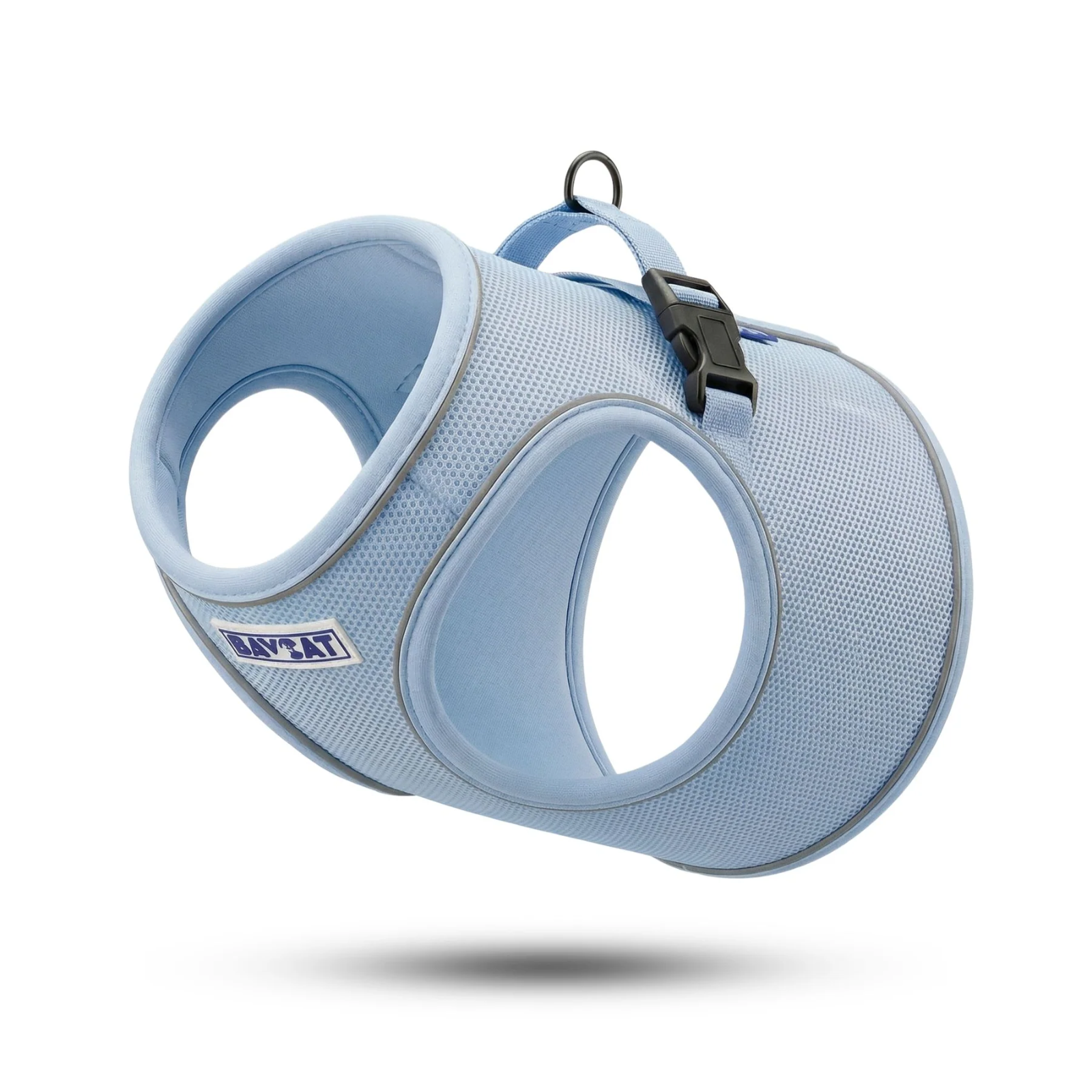 Light blue pet harness with a visible brand label on a white background