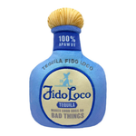 Blue tequila bottle shaped like a dog with 'Fido Loco' branding on a white background