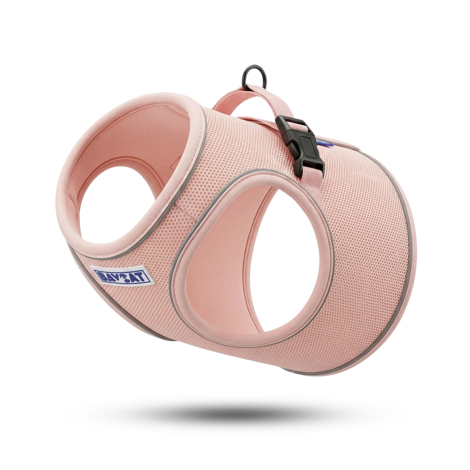 A pink mesh pet harness with a black plastic buckle and a black metal ring, shown floating against a white background with a soft shadow underneath. A blue and white 'ANY CAT' brand label is visible on the side.