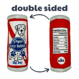 Double-sided dog toy with 'Pups Belly Rubbin' and nutritional facts on a white background