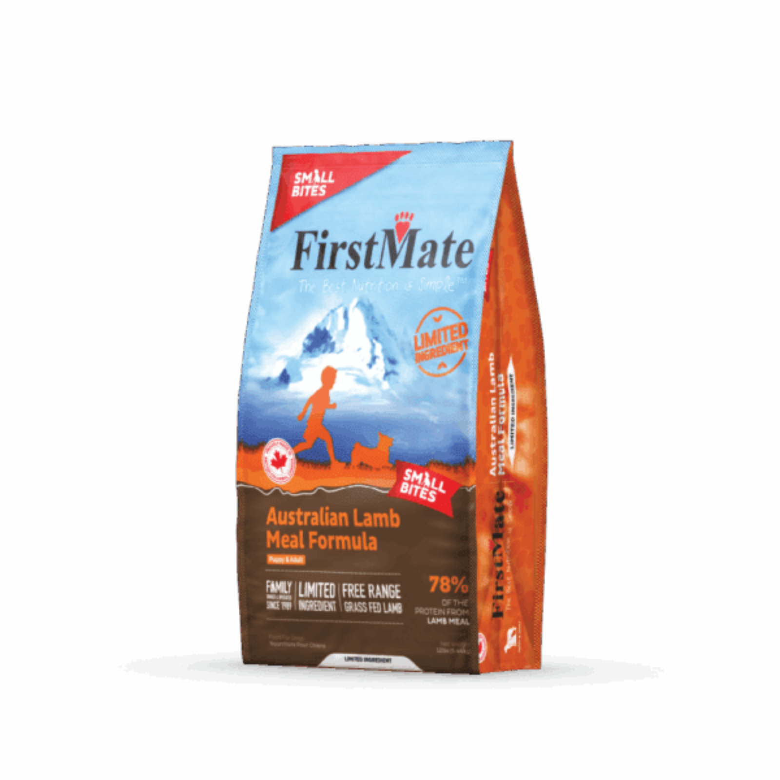 A bag of FirstMate Small Bites Australian Lamb Meal Formula dog food, featuring a blue and orange design with a mountain graphic and a silhouette of a dog on a hill.