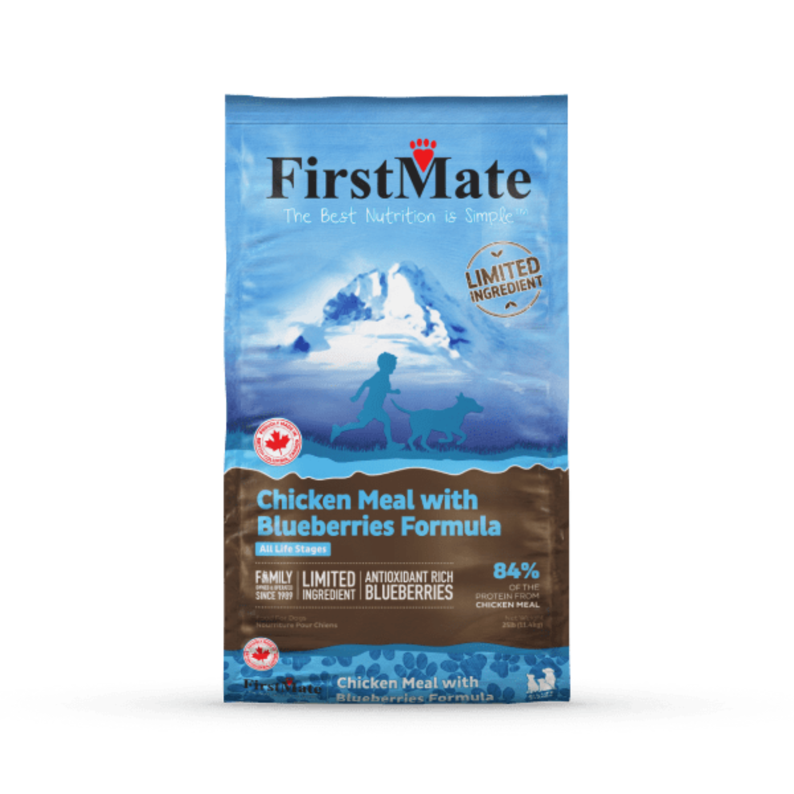 FirstMate dog food package with blue and brown design on a white background