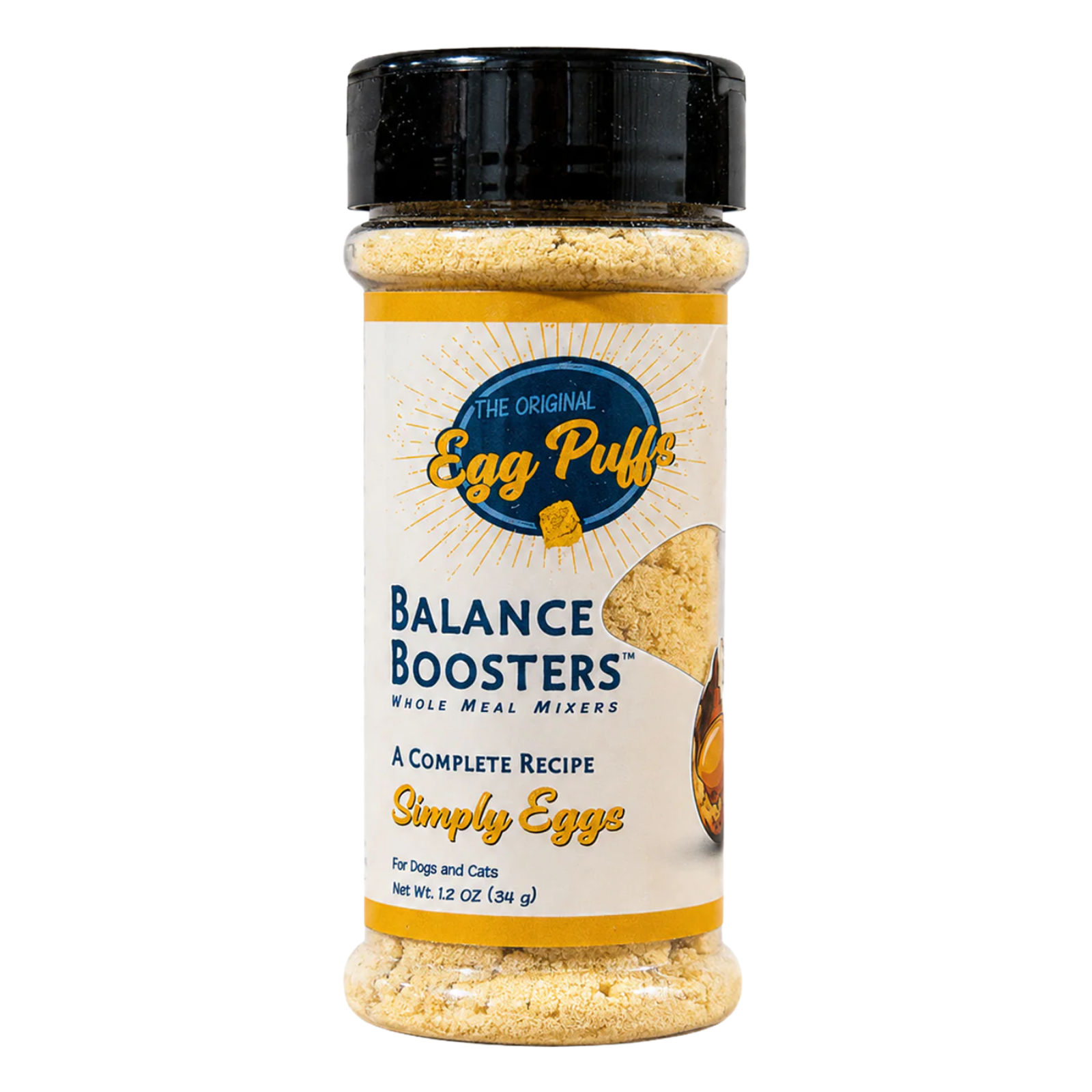 A 1.2 oz plastic bottle of The Original Egg Puff Balance Boosters Simply Egg seasoning mix, featuring a black lid and a white label with yellow and blue text, on a white background.