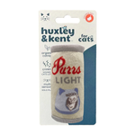 Huxley & Kent 'Purrs LIGHT' organic cat toy in its original blister card packaging, featuring a cylindrical plush toy with a cat face graphic and red lettering.
