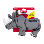 Gray rhinoceros-shaped KONG dog toy with packaging on a white background
