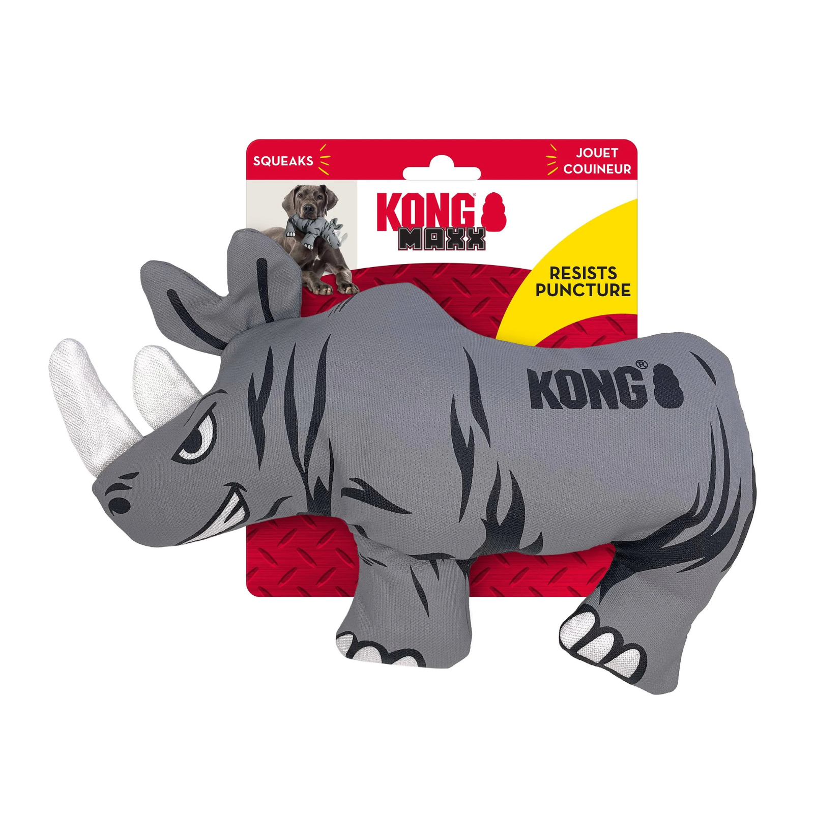 Gray rhinoceros-shaped KONG dog toy with packaging on a white background