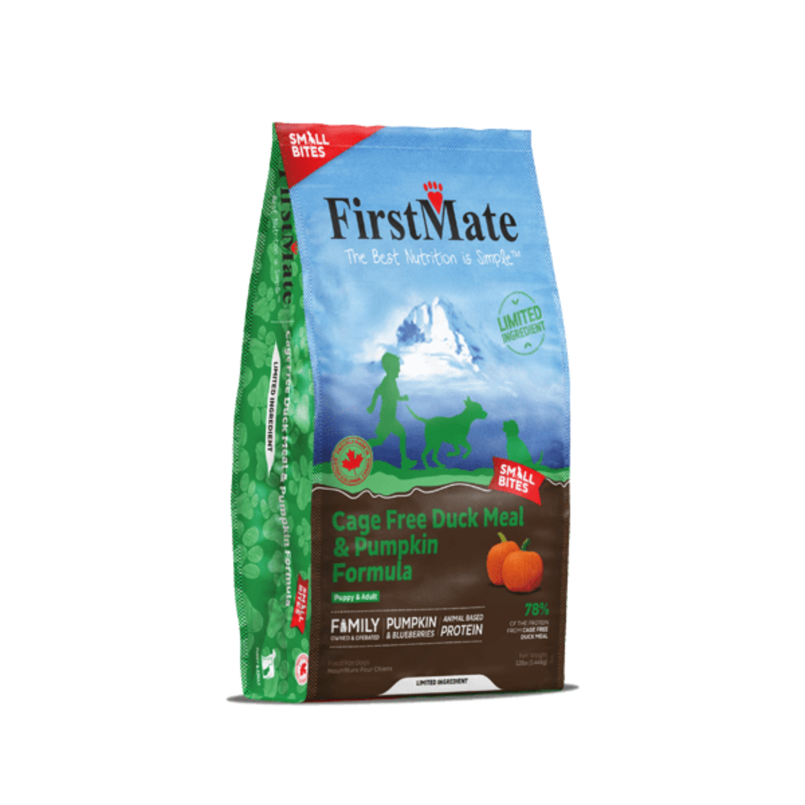 FirstMate dog food package with a mountain and dog illustration on a white background