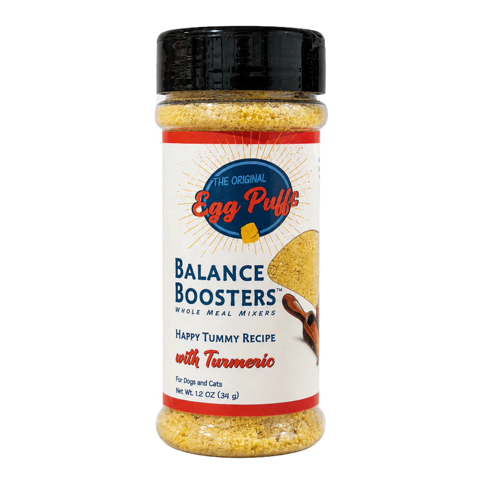 A bottle of The Original Egg Puff Balance Boosters Whole Meal Mixers in Happy Tummy Recipe with Turmeric, featuring a black cap and a white label with red and blue accents, set against a plain white background.