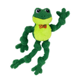 A green and yellow plush frog toy with a red and yellow striped bow tie, waving one arm against a plain white background.