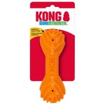 An orange Kong CoreStrength dog toy attached to its red and white retail blister packaging, shown against a plain white background.