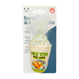 Cat toy packaging with a cup-shaped item and catnip, featuring the brand 'Hush & Hiss'.