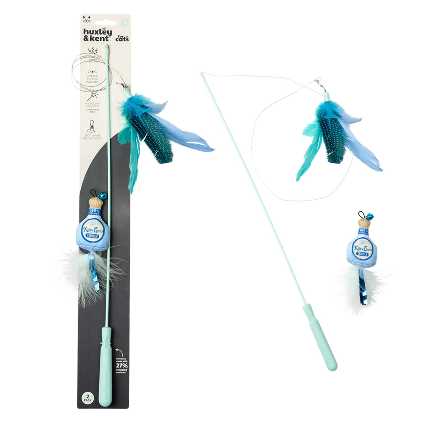 Cat toy with feather and wand, including packaging, on a white background