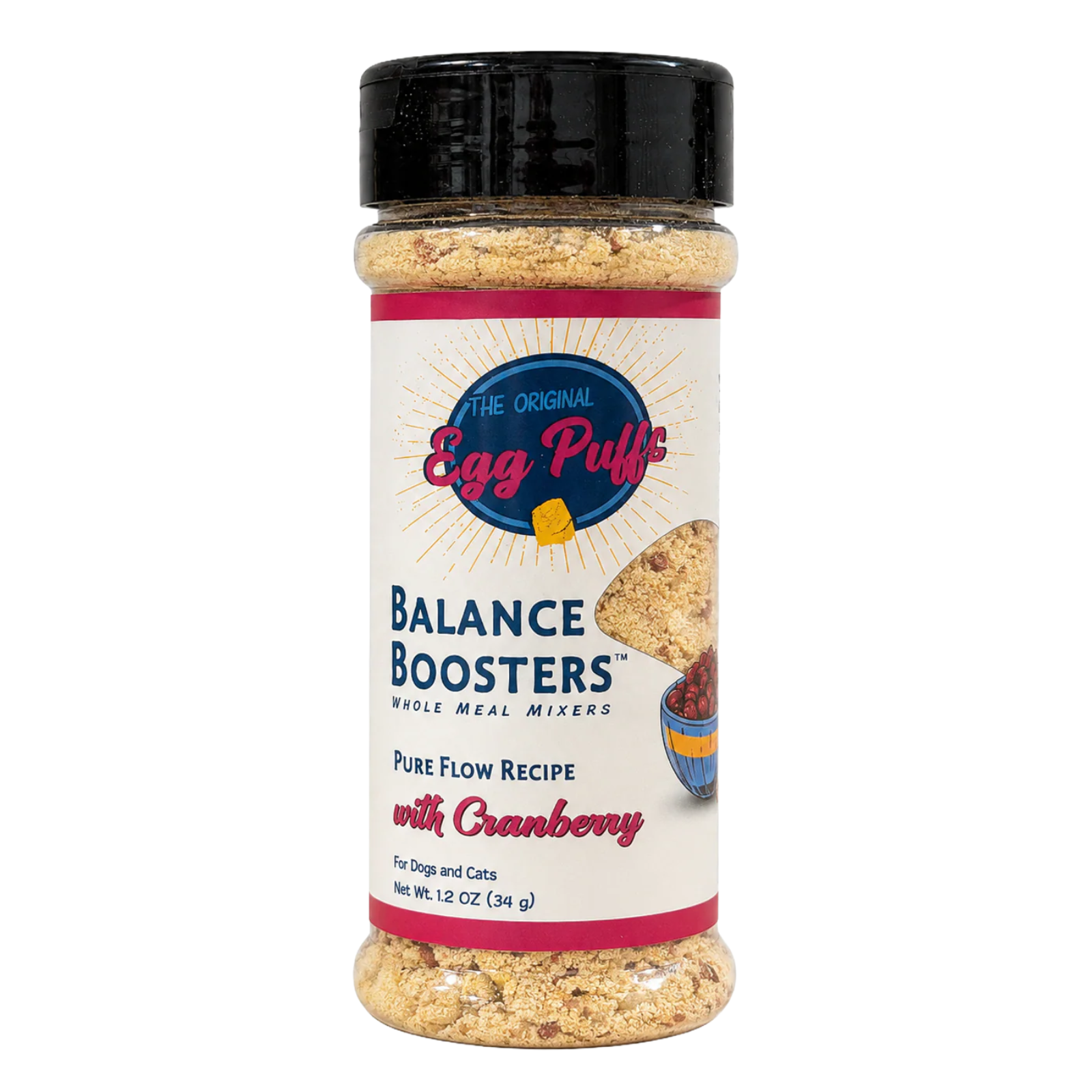 A 1.2 oz bottle of The Original Egg Puffs Balance Boosters Whole Meal Mixer in Cranberry flavor, featuring a black cap and a white label with red and blue accents.