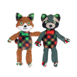 Two plush animal toys, a brown fox and a gray raccoon, dressed in festive Christmas plaid outfits, standing side by side on a plain white background.