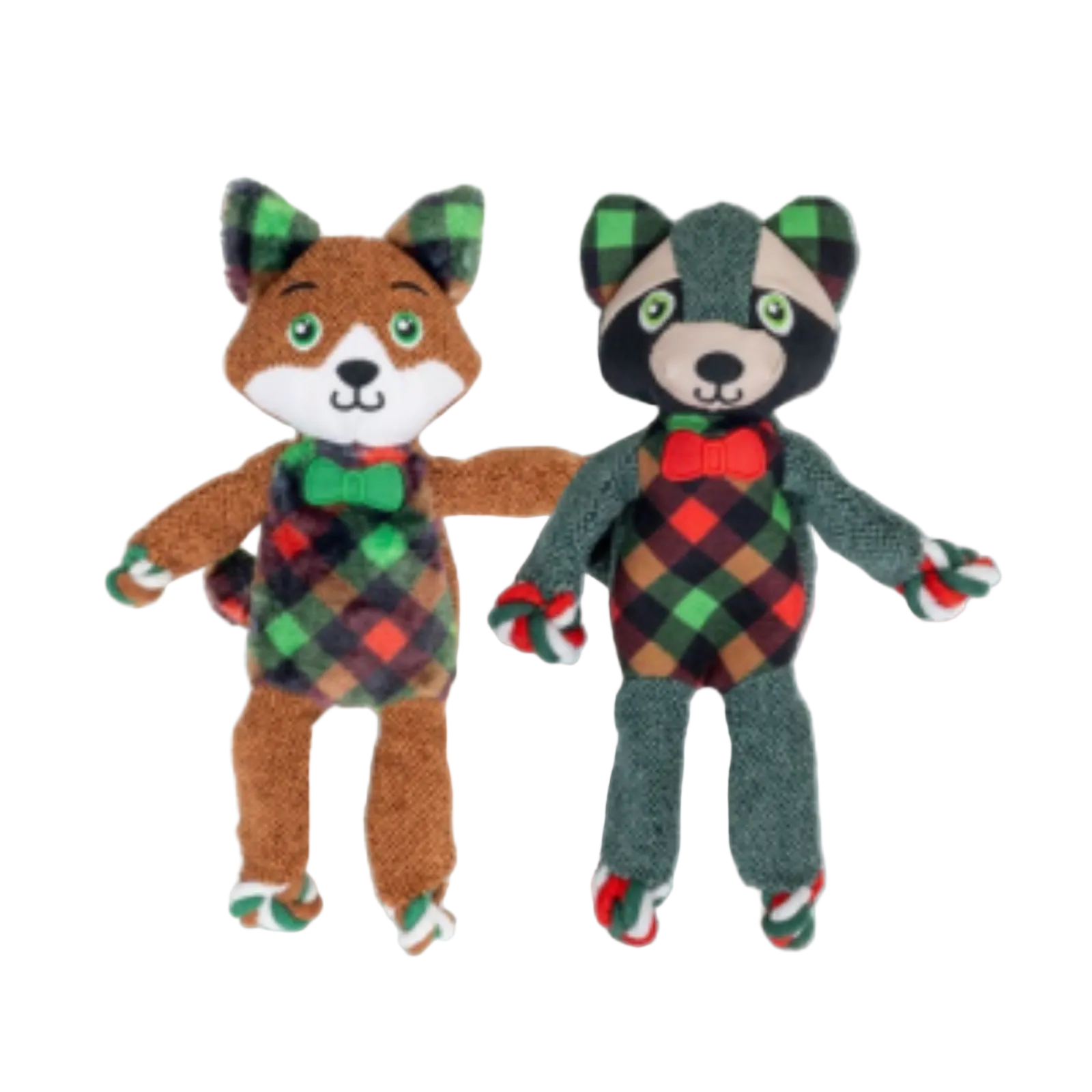 Two plush animal toys, a brown fox and a gray raccoon, dressed in festive Christmas plaid outfits, standing side by side on a plain white background.