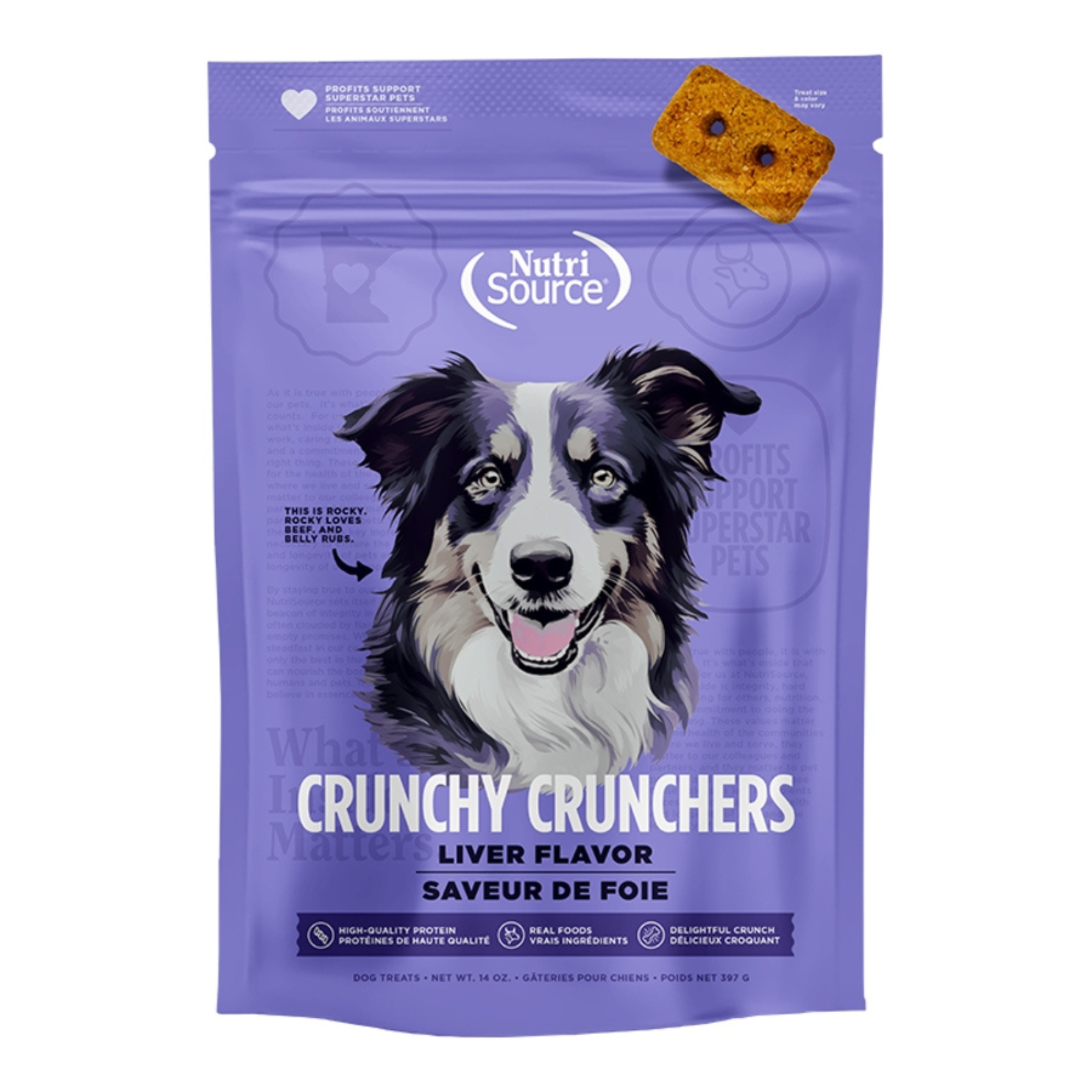 A purple stand-up pouch of Nutri Source Crunchy Crunchers dog treats, Chicken Flavor, featuring a black and white border collie illustration on the front and a single treat shown in the top right corner.