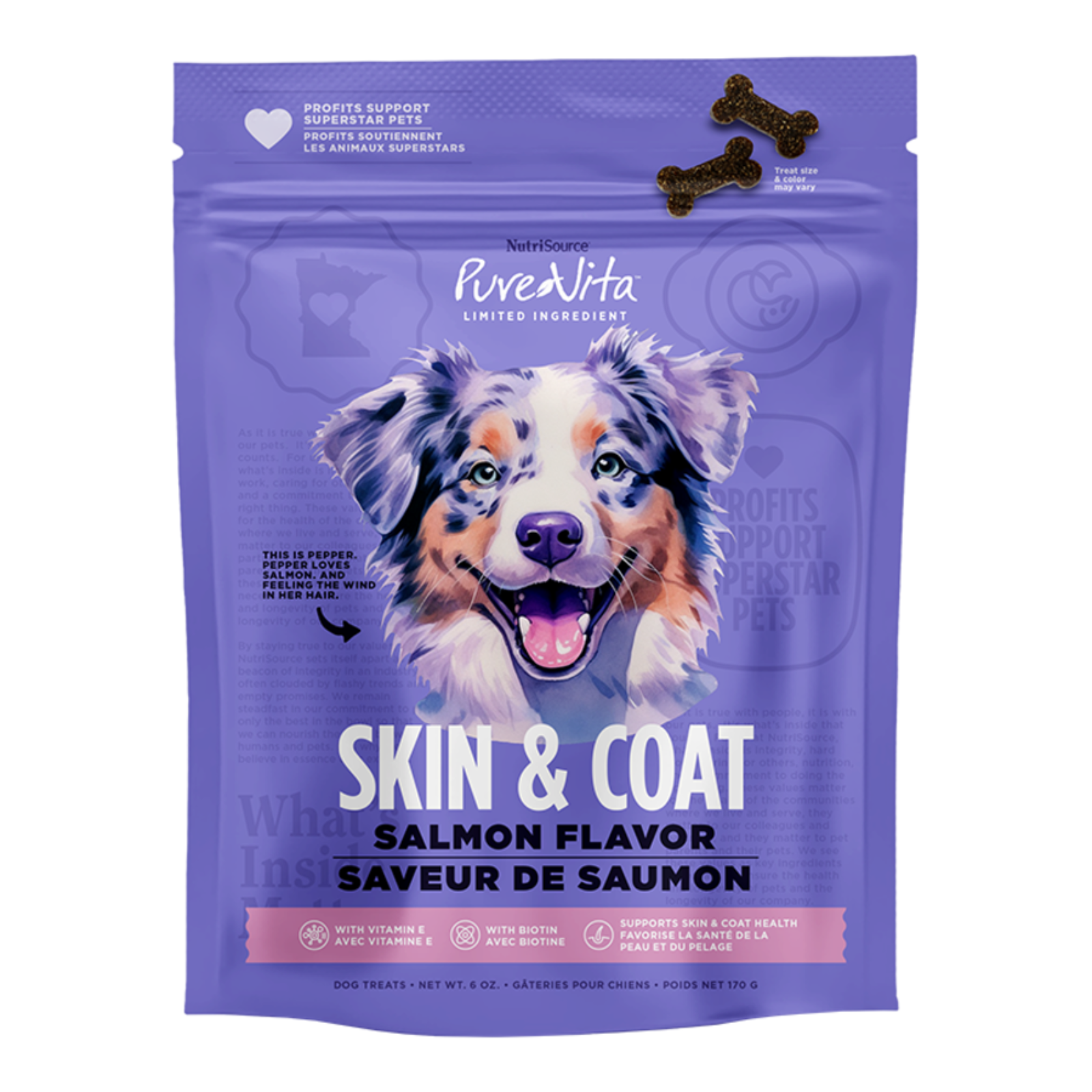 A purple stand-up pouch of RiveAlta Skin & Coat Salmon Flavor dog treats, featuring a large illustration of a blue merle dog on the front. The packaging includes a small graphic of two bone-shaped treats at the top and a pink band near the bottom.