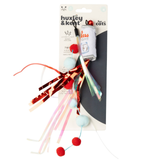 A packaged cat toy with a white plastic wand, red pom-poms, pastel blue pom-poms, shiny red and iridescent streamers, and a small white pouch on a white background.