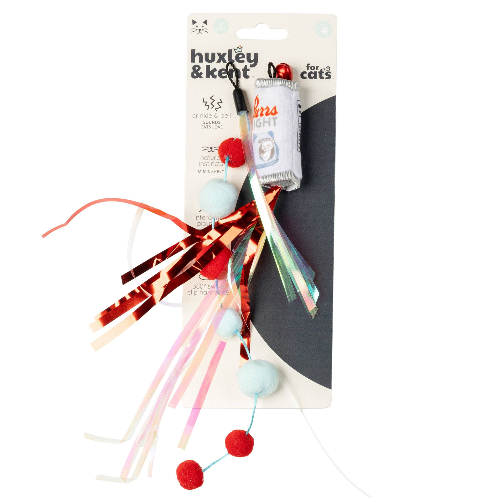 A packaged cat toy with a white plastic wand, red pom-poms, pastel blue pom-poms, shiny red and iridescent streamers, and a small white pouch on a white background.