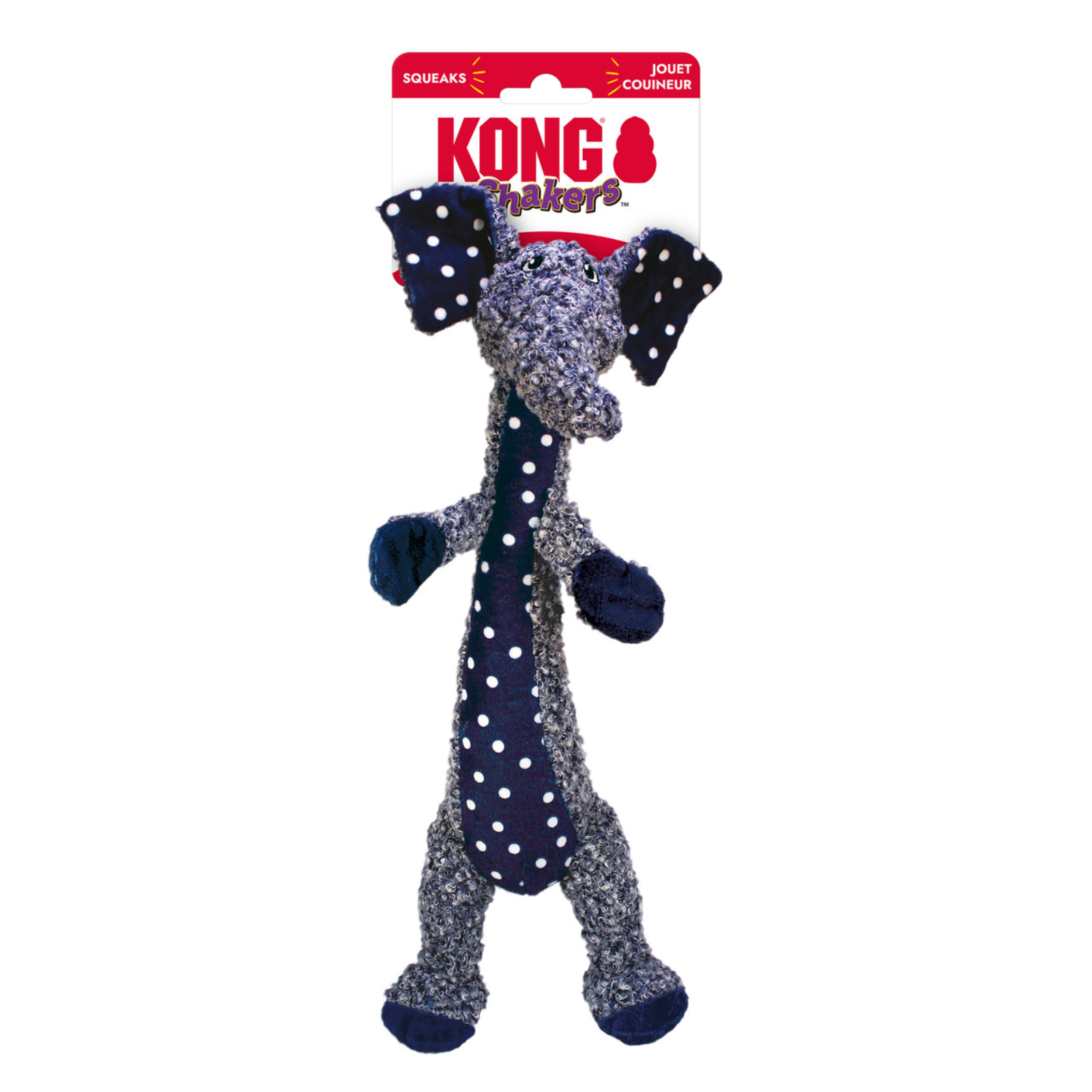 Kong Snakeroo squeeze toy dog toy in the shape of a giraffe, featuring a navy blue and silver-gray spotted body with dark blue ears and paws, on a white background with its retail packaging header card.