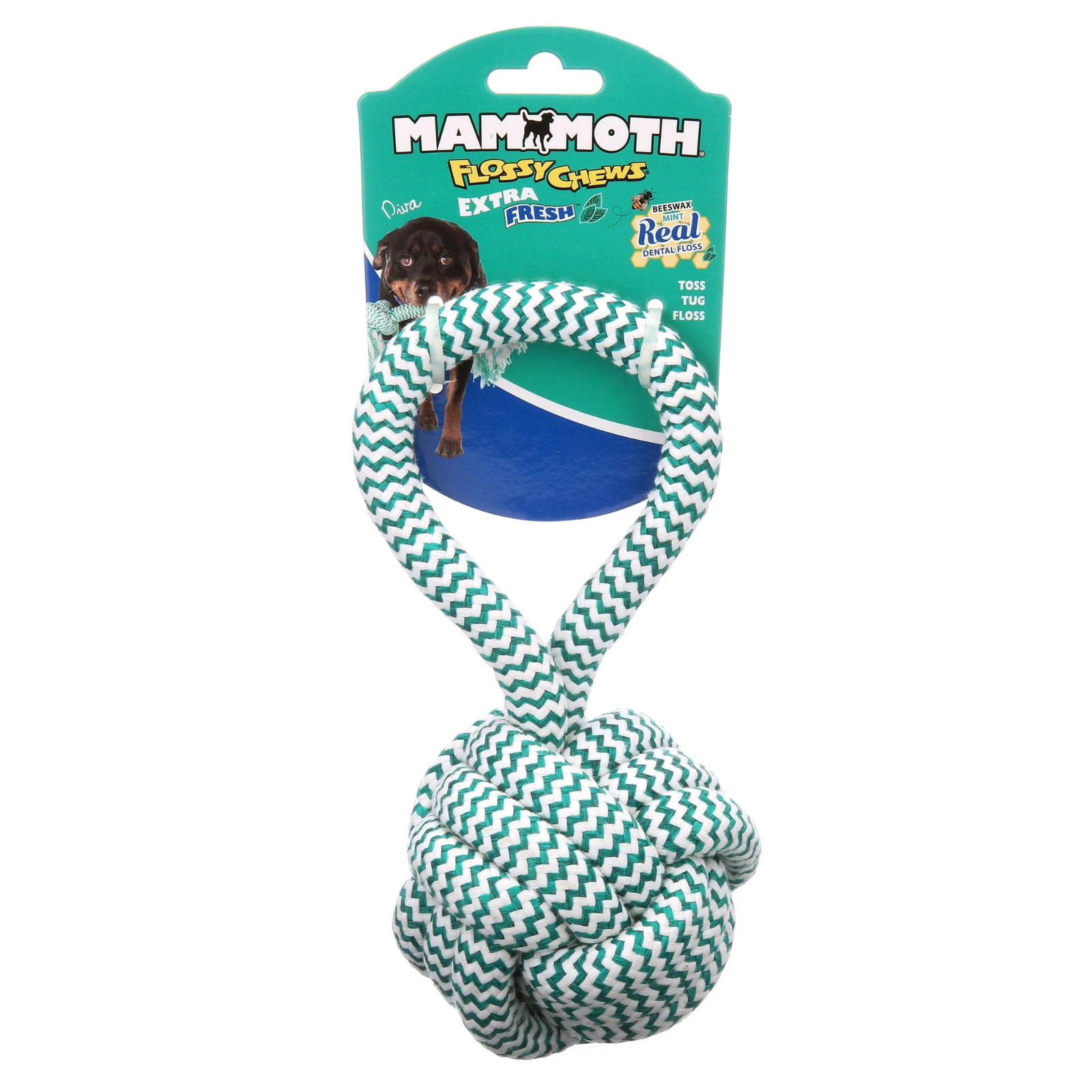 A Mammoth brand dog toy consisting of a green and white chevron-patterned rope ball and matching hanging loop, attached to a teal retail card backing with a dog photo and product text.