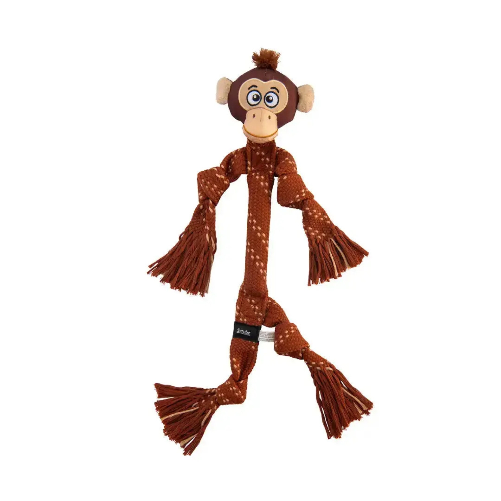 A plush monkey dog toy with a brown and white patterned body, realistic face, and long fringed limbs, shown on a plain white background.