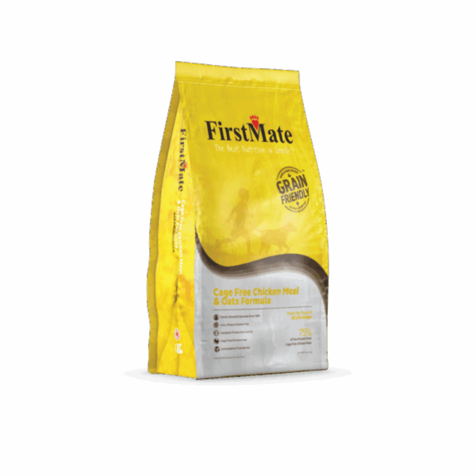 A yellow bag of FirstMate grain free chicken meal & oats formula dog food, shown on a clean white background.