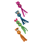 Four plush cat toys arranged vertically on a white background, each with a round stuffed body and long ribbon tails in pink, blue, green, and orange.