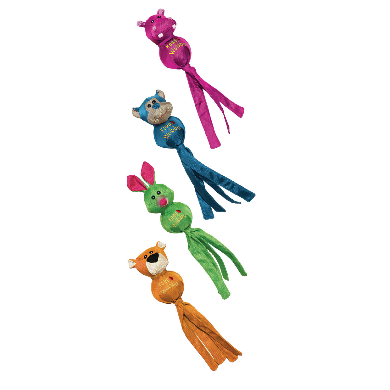 Four plush cat toys arranged vertically on a white background, each with a round stuffed body and long ribbon tails in pink, blue, green, and orange.