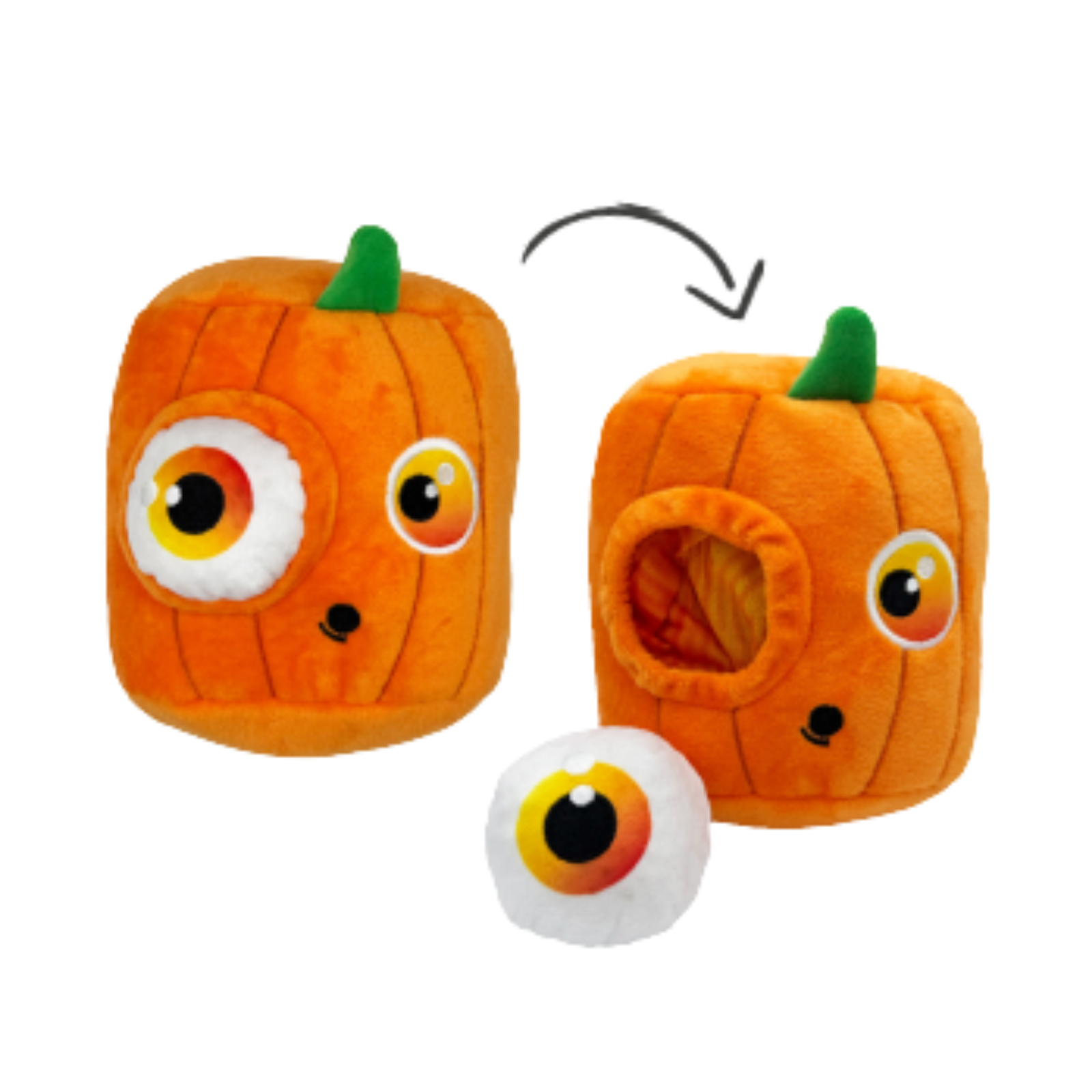 An orange plush pumpkin-shaped pet bed with a green stem and large cartoon eyes, shown both closed and open with a white ball toy inside, on a plain white background.